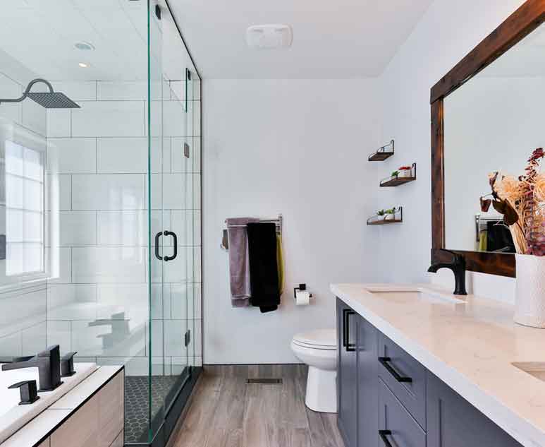 Master bathroom interior with double sink vanity cabinet and walk in shower